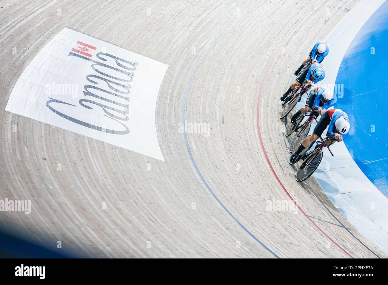 Photo par Alex Whitehead/SWpix.com - 20/04/2023 - Cyclisme - Tissot UCI Track Nations Cup, Round 3: Milton - Mattamy National Cycling Centre, Ontario, Canada - qualification à la poursuite par équipe masculine - Dylan Bibic, Michael Foley, Mathias Guillemette et Carson Mattern of Canada Un crédit: Simon Wilkinson/Alay Live News Banque D'Images