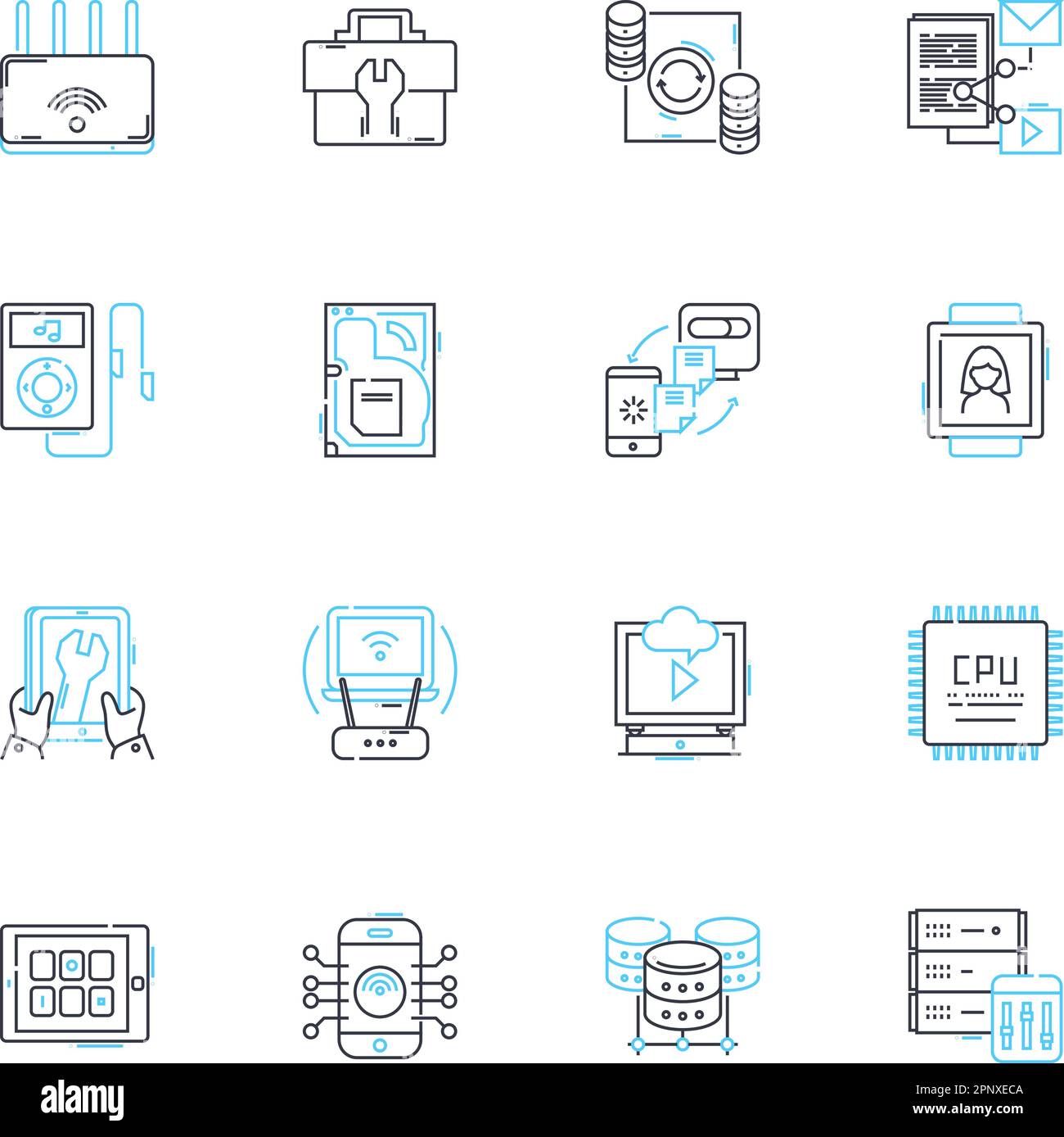 Ensemble d'icônes linéaires d'équipement électronique. Amplificateur, circuit, condensateur, diode, transistor, Résistance, vecteur de ligne de capteur et signes conceptuels. Encodeur Illustration de Vecteur