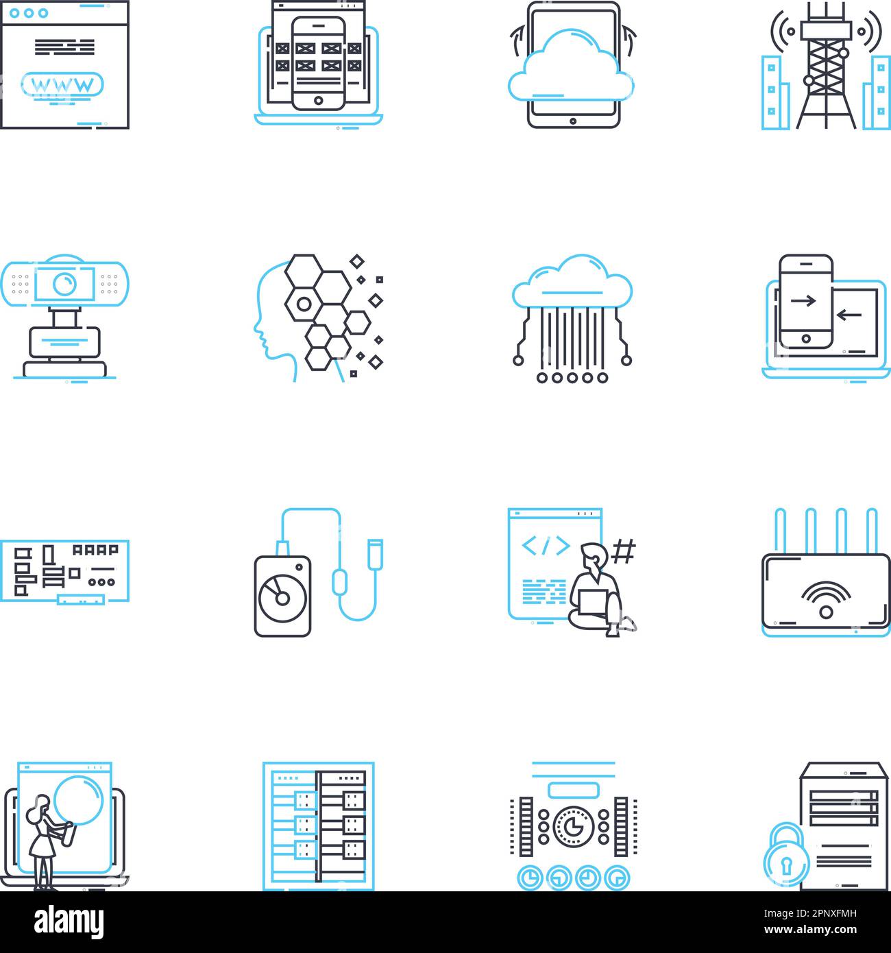 Ensemble d'icônes linéaires du processeur d'informations. Processeur, ordinateur, données, logiciel, algorithme, Stockage, vecteur de ligne de mémoire et signes de concept. Programme Illustration de Vecteur