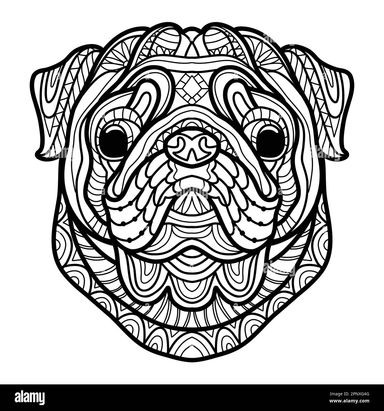 Chien abstrait avec ornements décoratifs et éléments de croque. Gros plan sur la tête du chien. Illustration vectorielle. Pour page de coloriage antistress pour adulte, imprimer, des Illustration de Vecteur