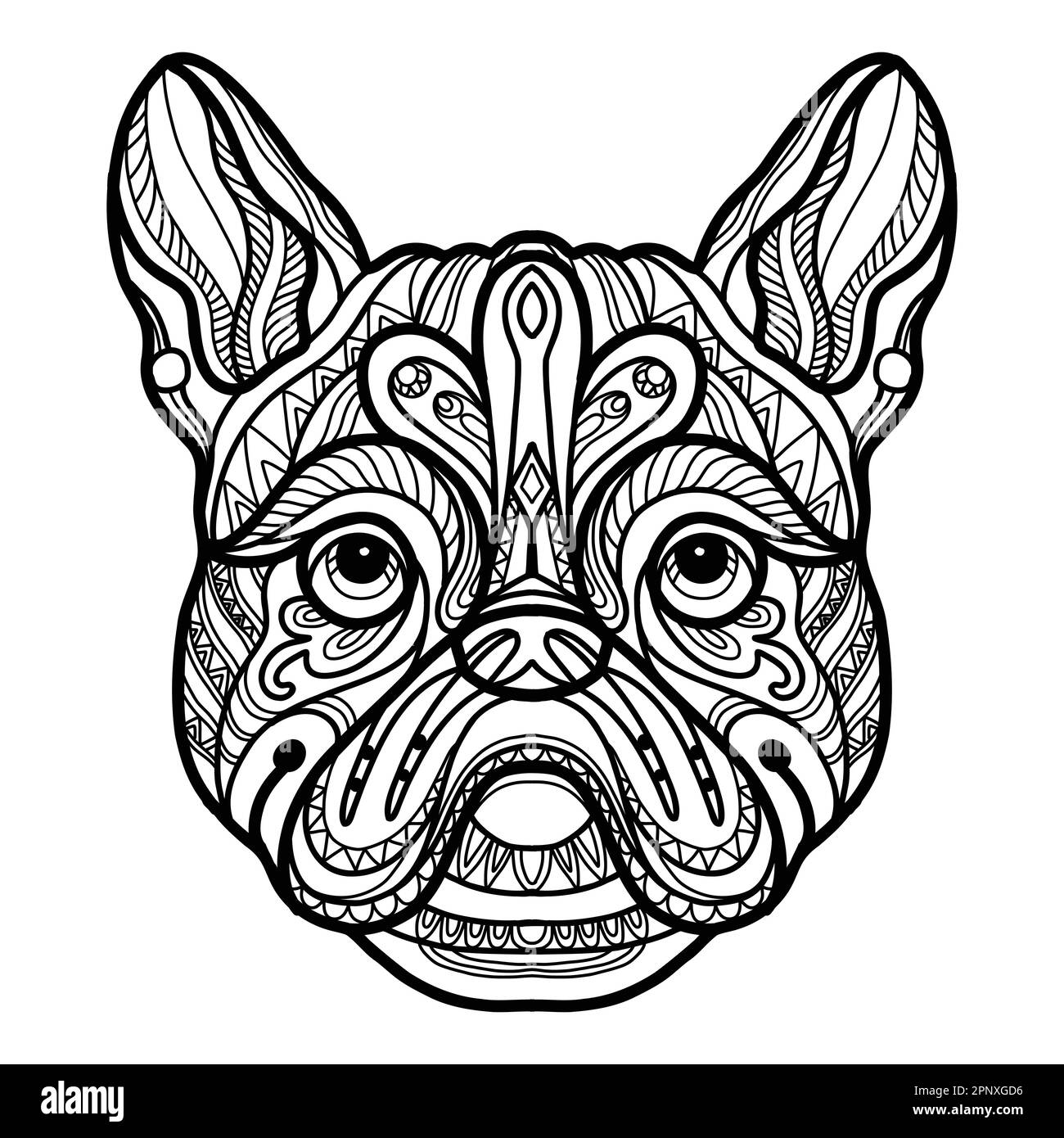 Chien abstrait avec ornements décoratifs et éléments de croque. Gros plan sur la tête de chien bulldog français. Illustration vectorielle. Pour la page de coloration antistress pour adultes, Illustration de Vecteur
