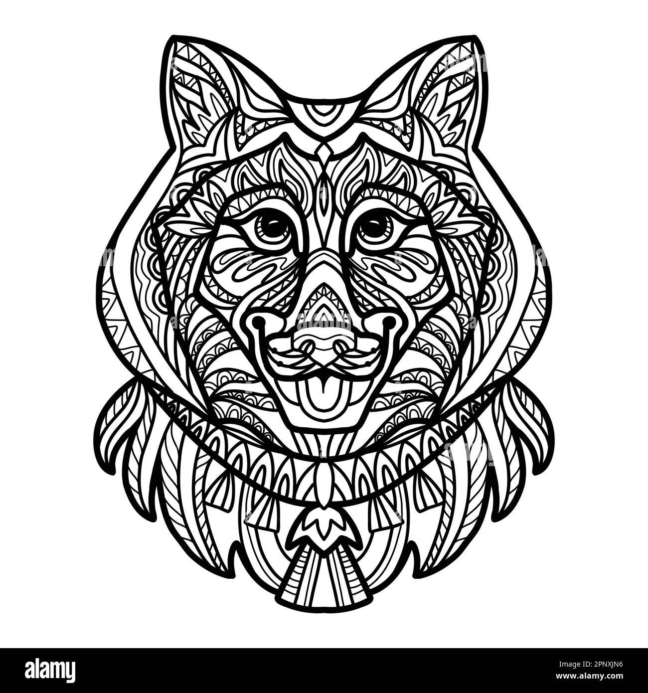 Chien abstrait avec ornements décoratifs et éléments de croque. Gros plan sur la tête de chien husky. Illustration vectorielle. Pour page de coloration antistress pour adulte, imprimer, d Illustration de Vecteur