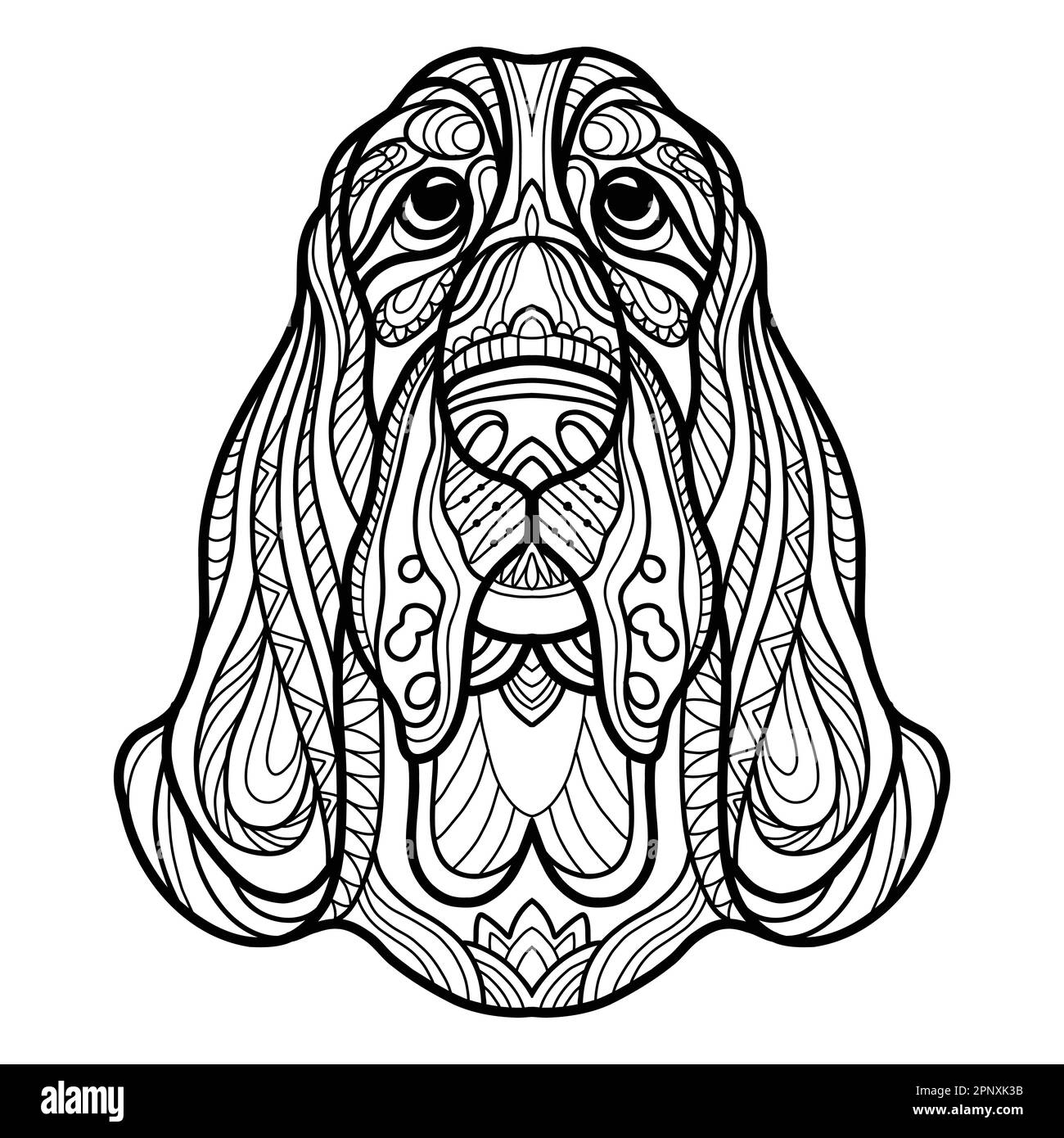 Chien abstrait avec ornements décoratifs et éléments de croque. Gros plan sur la tête de chien du petit chien. Illustration vectorielle. Pour page de coloration antistress pour adulte, p Illustration de Vecteur