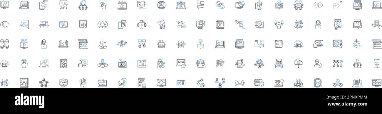 Collection d'icônes de ligne de périphériques sociaux. Smartph, tablette, ordinateur portable, ordinateur, SmartWatch, Tracker d'activité, écouteurs vectoriels et illustration linéaire. En-têtes Illustration de Vecteur