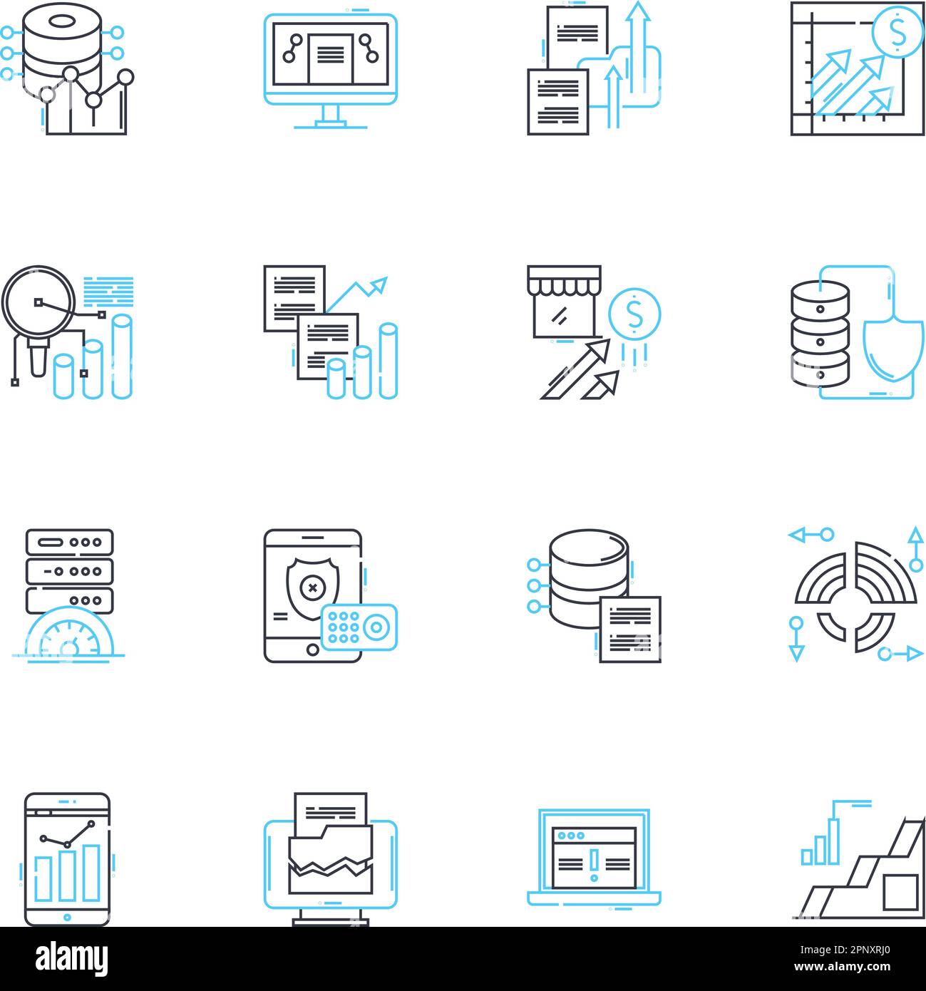 Ensemble complet d'icônes linéaires de données. Analyses, analyses, Big Data, métriques, quantitatives, Statistiques, algorithmes vecteur de ligne et signes de concept Illustration de Vecteur