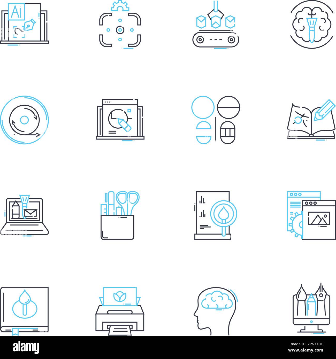 Jeu d'icônes linéaires de traitement artificiel. Algorithme, automatisation, cognition, calcul, Intelligence, Machine, vecteur de la ligne neurale et signes conceptuels Illustration de Vecteur