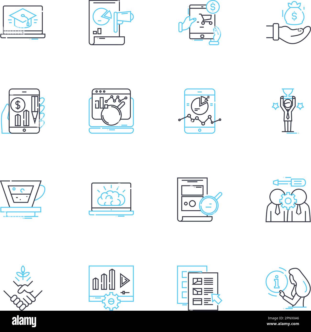 Jeu d'icônes linéaires d'articles numériques. Lien hypertexte, médias sociaux, Blog, E-book, Newsletter, Contenu, vecteur de ligne infographique et signes conceptuels. Podcast, annonce Illustration de Vecteur