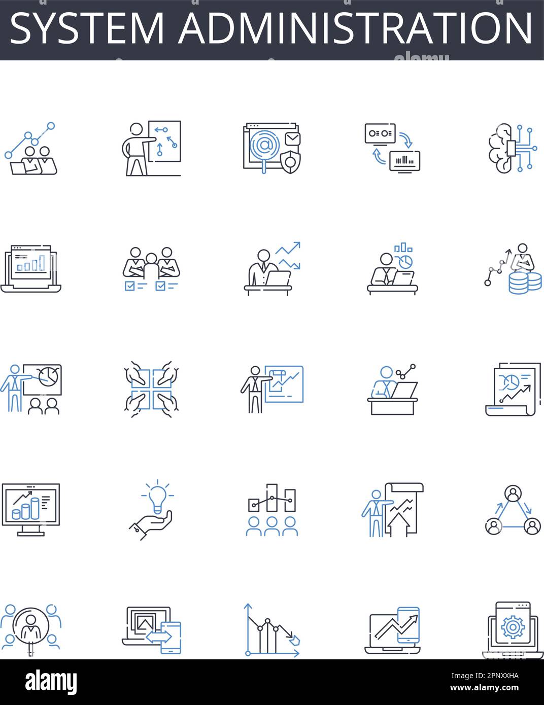 Collection d'icônes de ligne d'administration système. Gestion de Nerk, cybersécurité, support INFORMATIQUE, gestion des utilisateurs, analyse des données, Cloud computing, projet Illustration de Vecteur