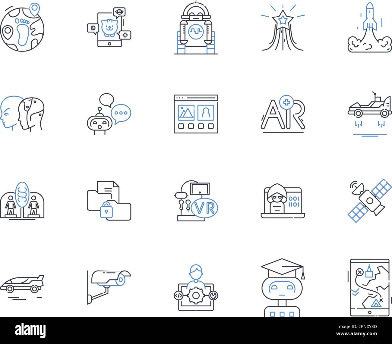 Collection d'icônes de ligne d'intelligence artificielle. Machine Learning, robotique, nerf neural, automatisation, Big Data, Traitement du langage naturel, Expert Illustration de Vecteur