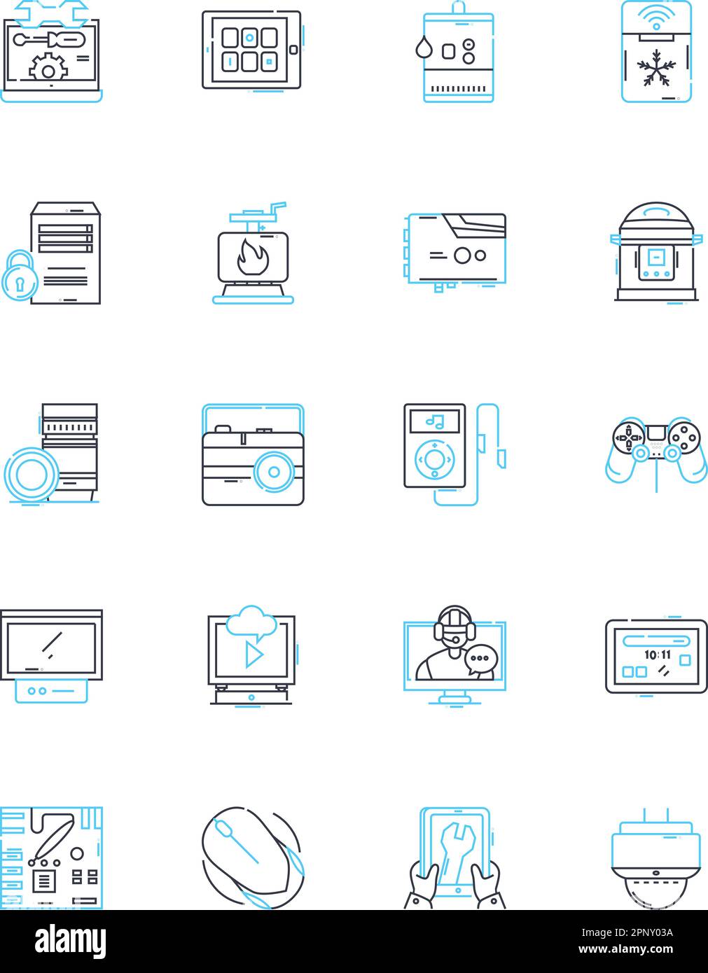 Ensemble d'icônes linéaires d'équipement électronique. Amplificateur, circuit, condensateur, diode, transistor, Résistance, vecteur de ligne de capteur et signes conceptuels. Encodeur Illustration de Vecteur