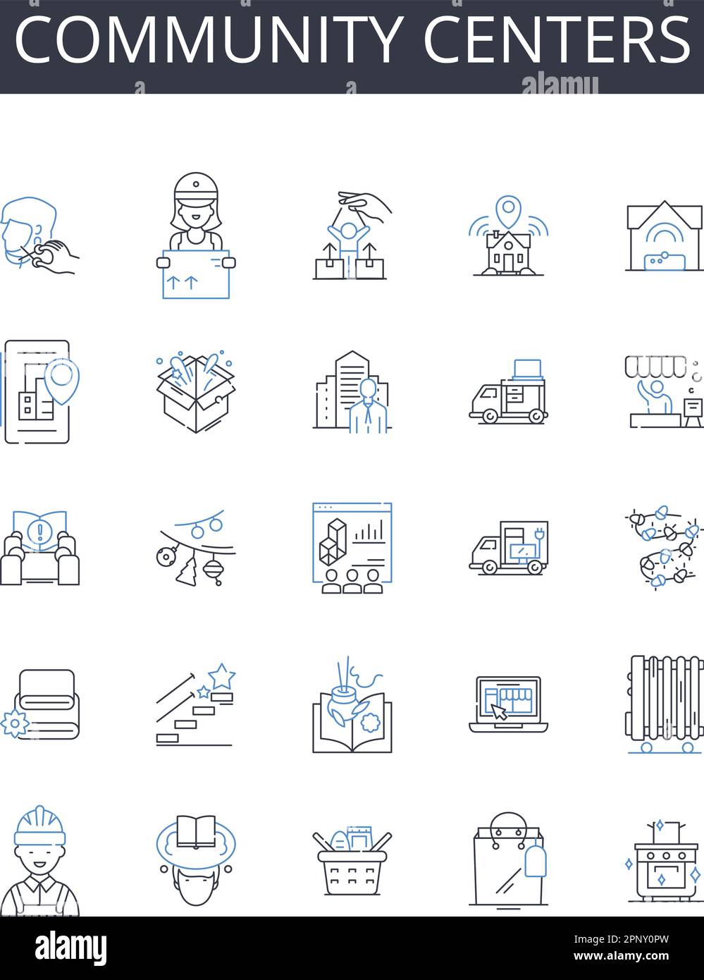 Collection d'icônes de lignes de centres communautaires. Établissements d'enseignement, centres culturels, espaces sociaux, centres de loisirs, organisations civiques, Pôles d'activité Illustration de Vecteur