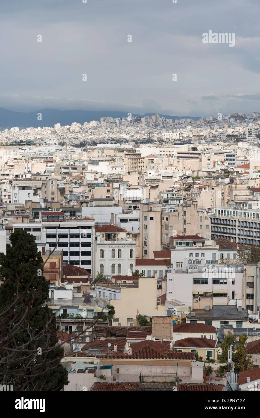 Grèce, Athènes, vue sur Athènes depuis l'aréopagus. Banque D'Images