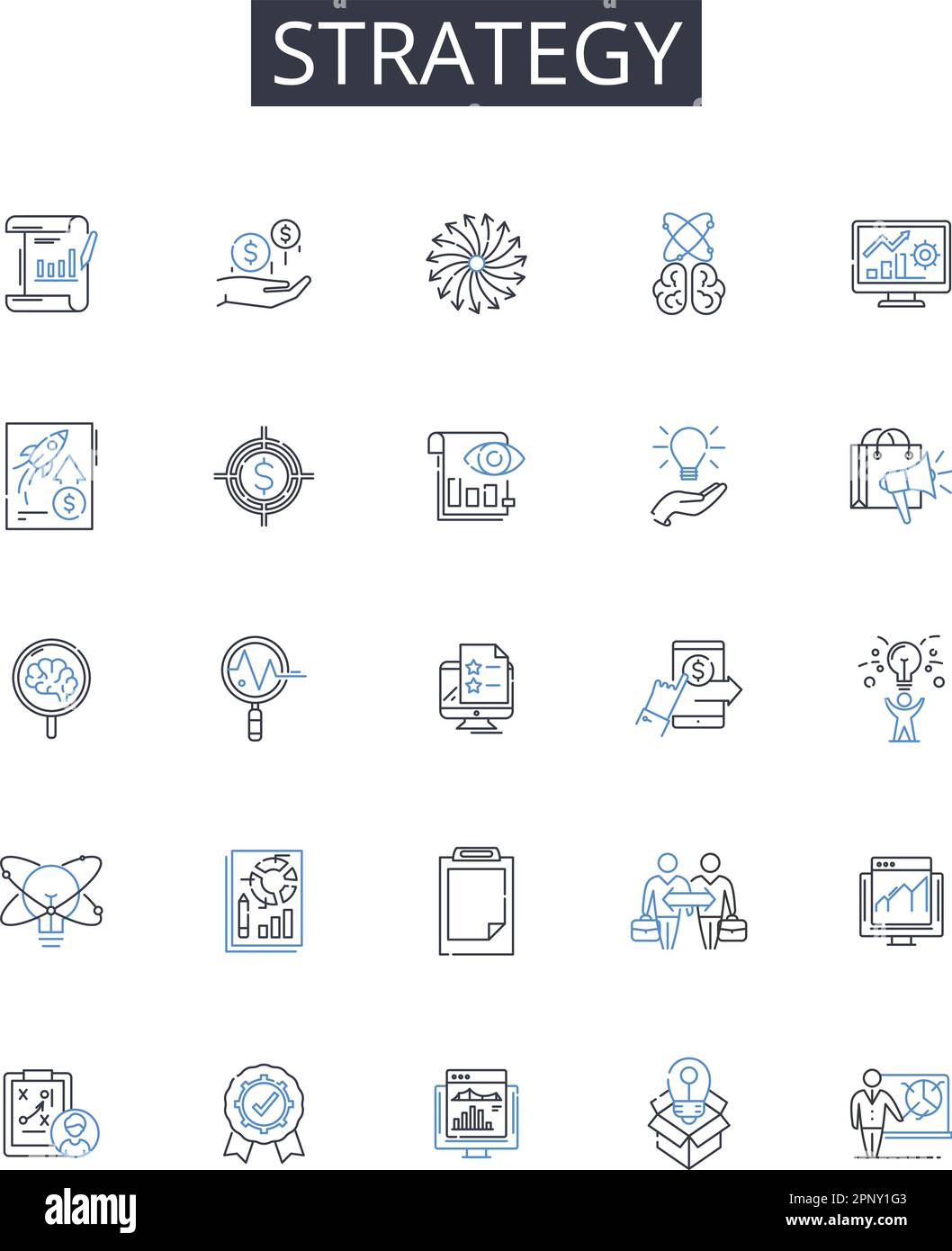 Collection d'icônes de ligne de stratégie. Plan, tactique, approche, Schéma, Plan directeur, Méthode, vecteur de procédure et illustration linéaire. Manœuvre, Agenda, Plan de jeu Illustration de Vecteur
