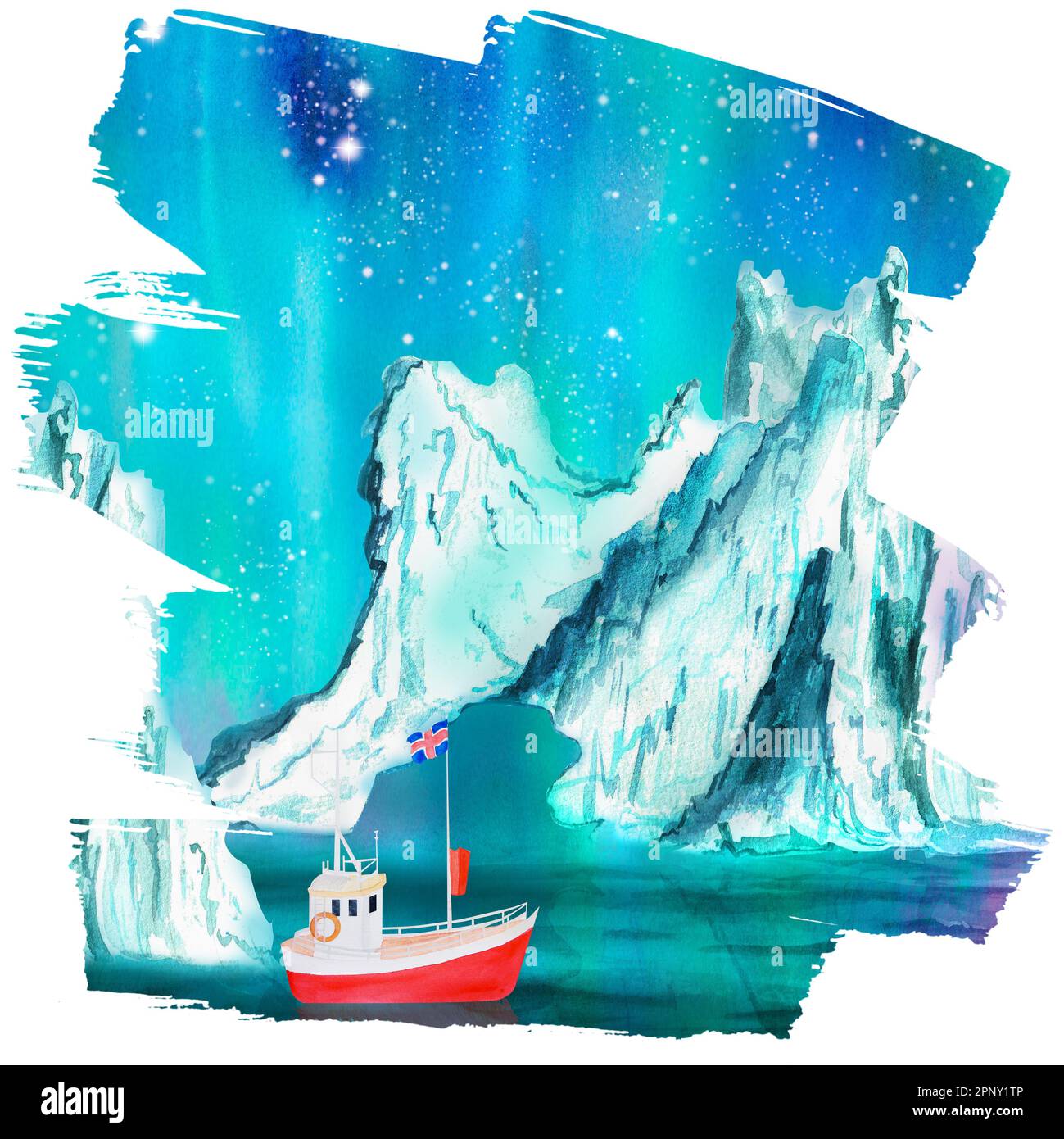 Paysage marin aquarelle dessiné à la main avec un bateau, des lumières en noir et un iceberg. Une partie de la grande série D'illustrations ISLANDAISES Banque D'Images