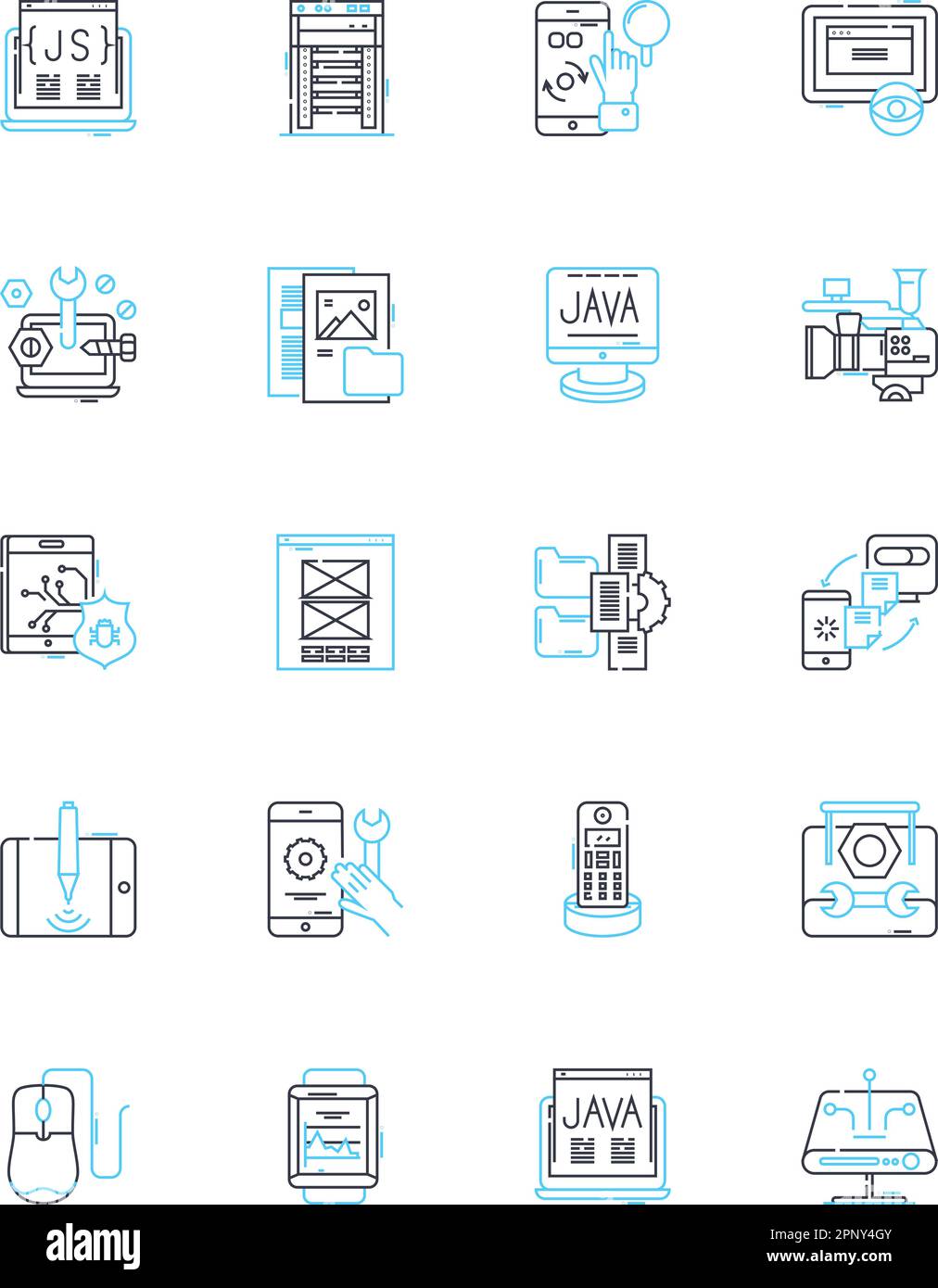 Ensemble d'icônes linéaires des systèmes d'information. Base de données, analyse, Nerking, Cloud, sécurité, Automatisation, vecteur de ligne d'intégration et panneaux de concept. Basé sur le Web Illustration de Vecteur