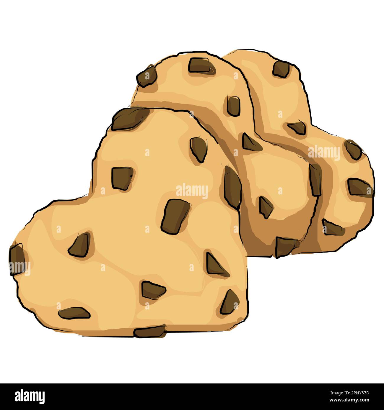 un sac isolé de biscuits aux pépites de chocolat en forme de coeur, illustration, dessin de contour, gribouilles en couleur, boulangerie en valentines, amour, Banque D'Images