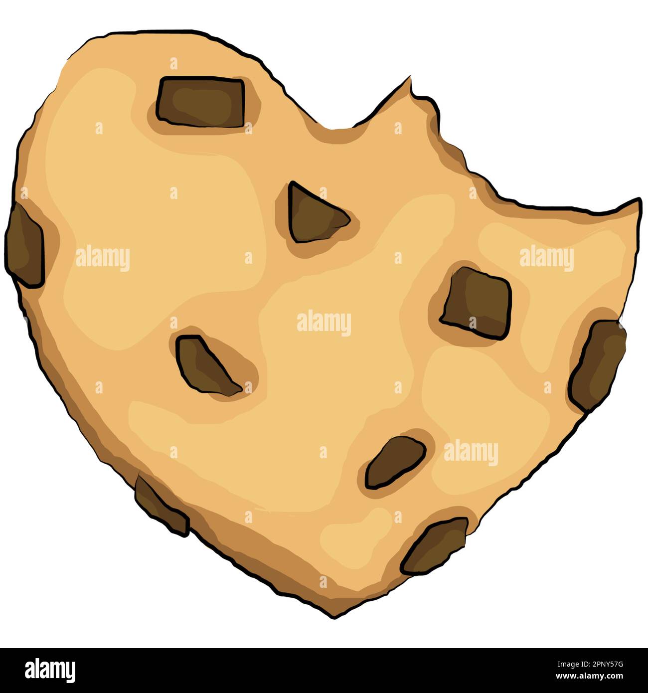 un sac isolé de biscuits aux pépites de chocolat en forme de coeur, illustration, dessin de contour, gribouilles en couleur, boulangerie en valentines, amour, Banque D'Images