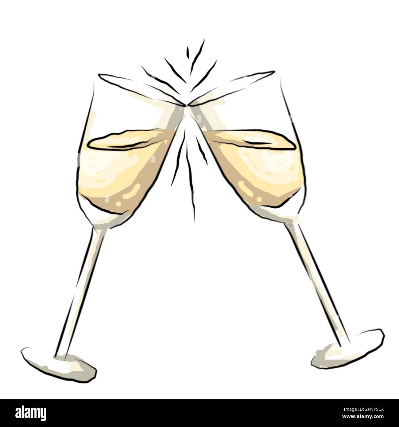 toast au champagne à dessin manuel isolé, deux verres de champagne, verre de couleur, dessin de contour, dessin à la main, dessin vectoriel, concept de restaurant Banque D'Images
