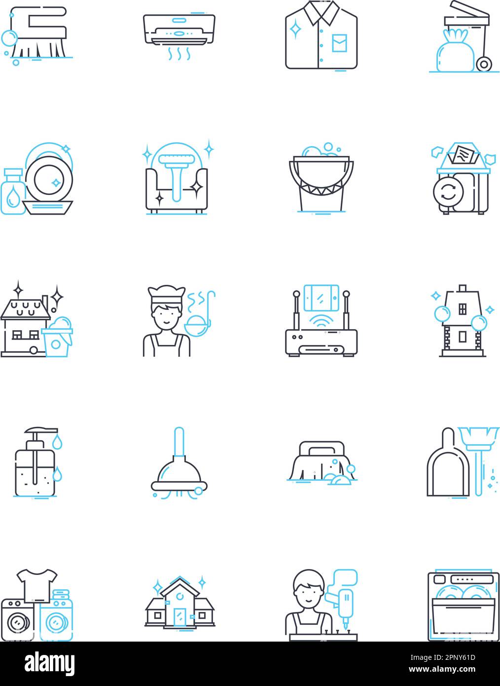 Ensemble d'icônes linéaires de mise en place. Propreté, Organisation, Neatness, ordre, Declutter, Balayage, vecteur de ligne de nettoyage et signes de concept. Purger,Trier,organiser Illustration de Vecteur