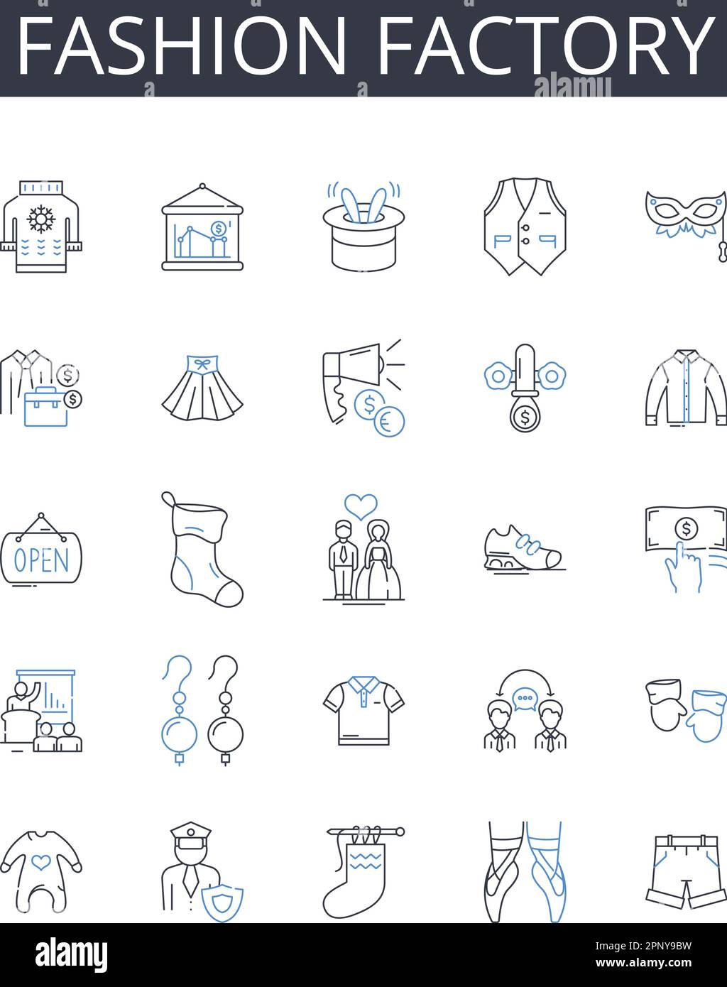 Collection d'icônes Fashion Factory Line. Analyse, jugement, choix, évaluation, Aperçu, Sélection, vecteur d'option et illustration linéaire. Logique Illustration de Vecteur