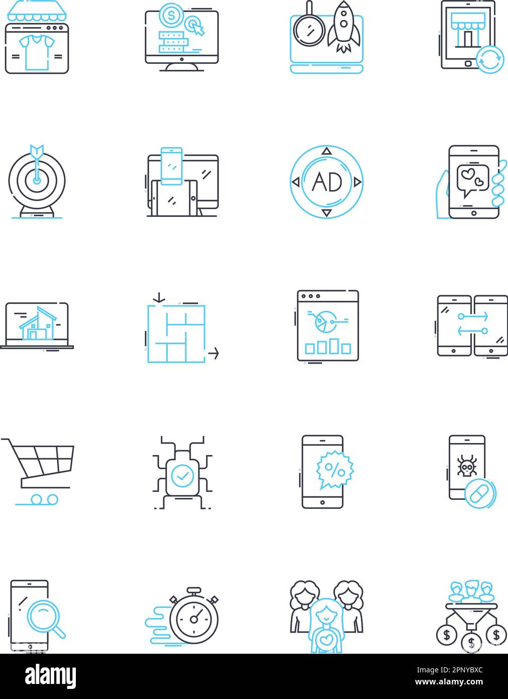 Jeu d'icônes linéaires de publicité sociale. Promotions, campagnes, parrainage, promotion, médias sociaux, Marquage, vecteur de ligne de marketing et signes de concept Illustration de Vecteur