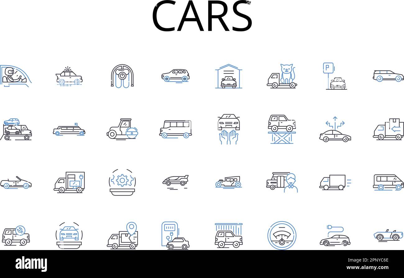 Collection d'icônes de la gamme de voitures. Bateaux, fourgonnettes, avions, camions, cycles, Bus, wagons vecteur et illustration linéaire. Jeeps, traîneaux, aéroglisseurs contours des signes Illustration de Vecteur