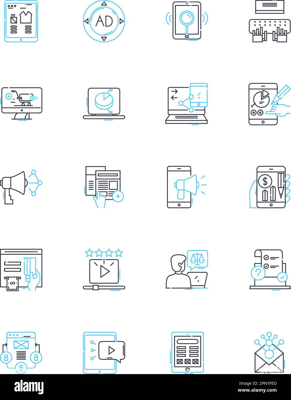 Jeu d'icônes linéaires de stratégies numériques. Analyse, automatisation, marquage, contenu, conversion, Orientation client, vecteur de ligne et concept axés sur les données Illustration de Vecteur