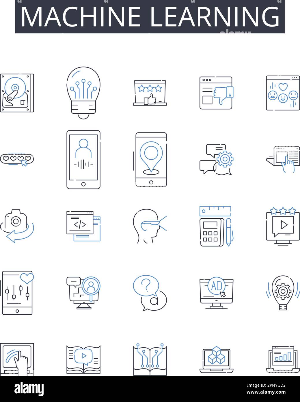 collection d'icônes de ligne d'apprentissage de la machine. Intelligence artificielle, apprentissage automatisé, exploration des données, analyse des données, apprentissage approfondi, Langage naturel Illustration de Vecteur