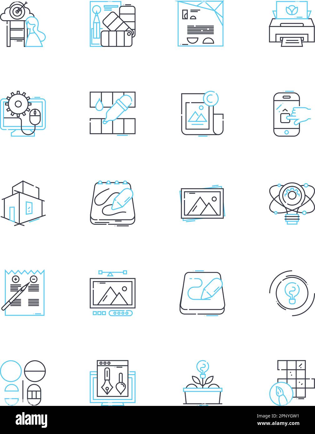 Jeu d'icônes linéaires de traitement artificiel. Algorithme, automatisation, cognition, calcul, Intelligence, Machine, vecteur de la ligne neurale et signes conceptuels Illustration de Vecteur