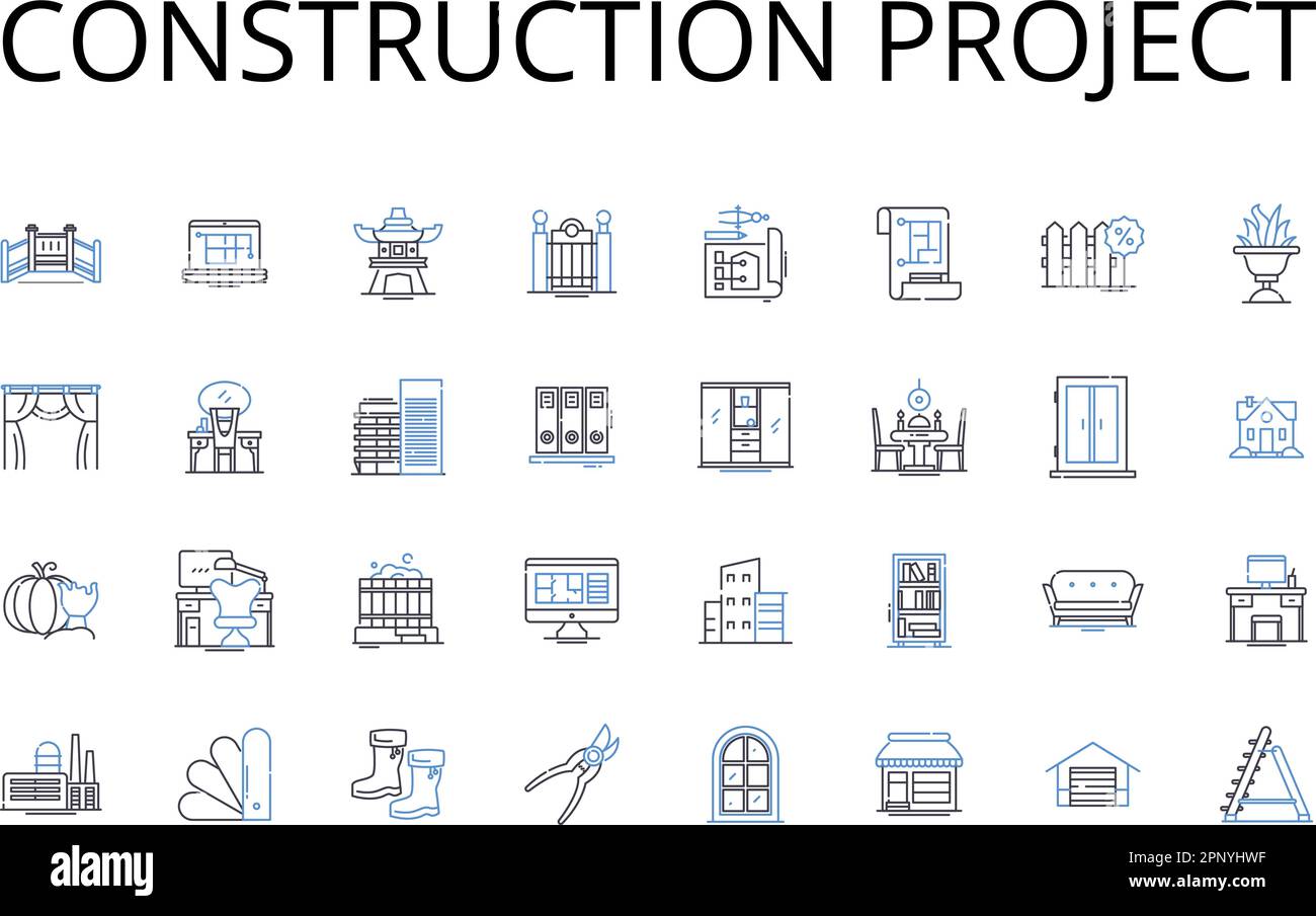 Collection d'icônes de ligne de projet de construction. Entreprise commerciale, campagne marketing, stratégie publicitaire, plan de développement, projet d'expansion Illustration de Vecteur