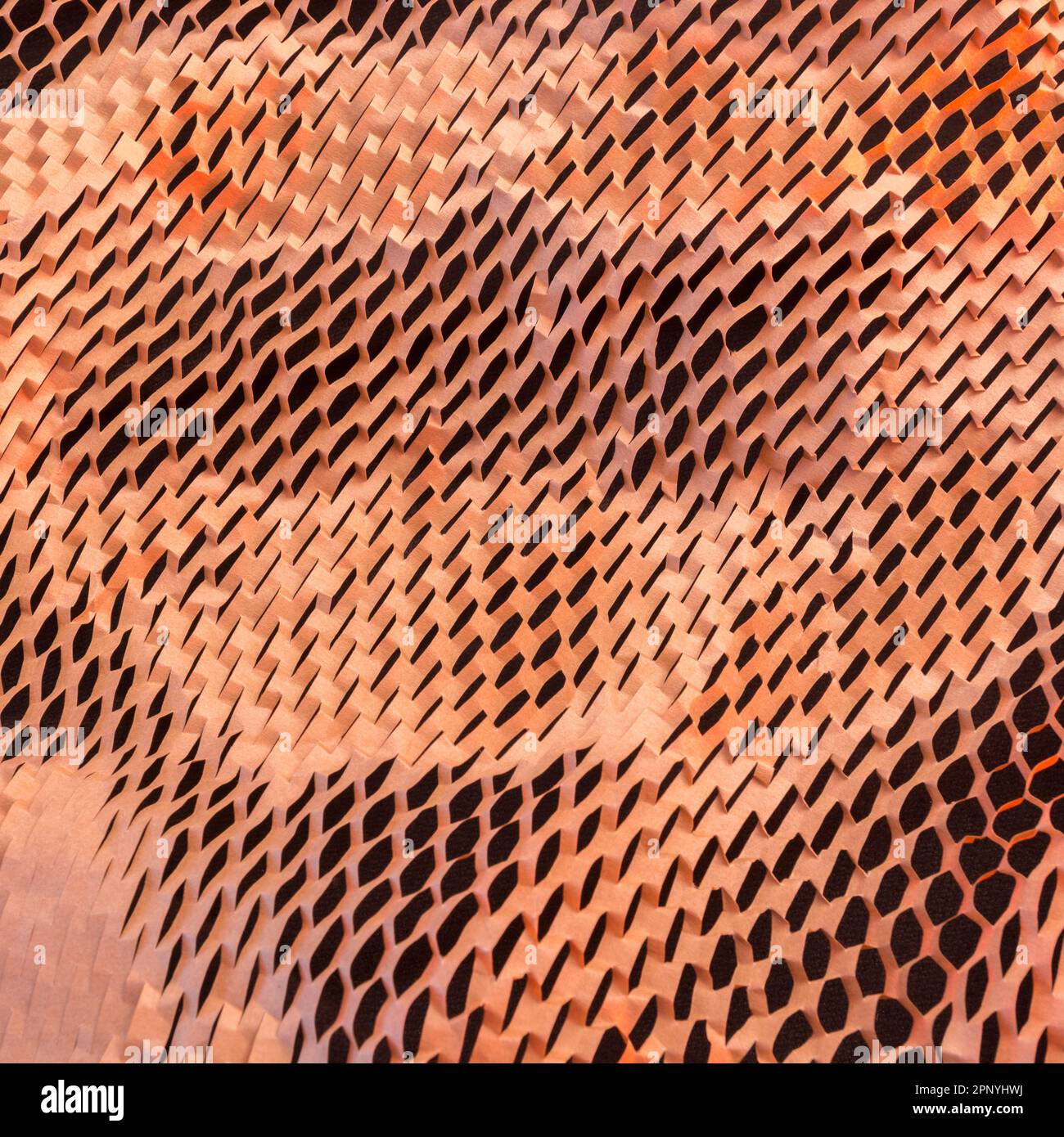 Gros plan de papier de remplissage caillé en nid d'abeille utilisé dans les processus de manutention des matériaux pour l'expédition de produits ou de produits délicats. Banque D'Images