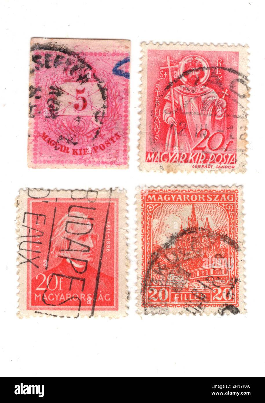 Timbres-poste vintage de Hongrie isolés sur fond blanc. Banque D'Images