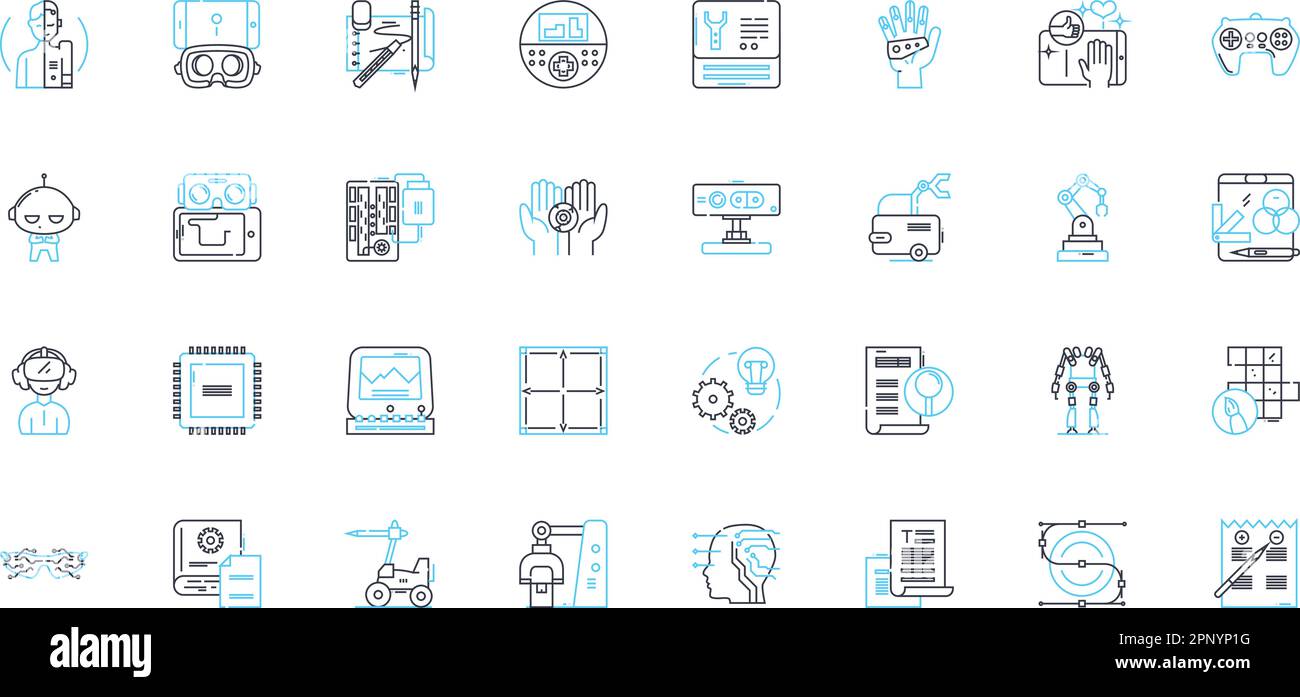 Jeu d'icônes linéaires de fabrication numérique. Fabrication additive, robotique, découpe au laser, numérisation D, Science des matériaux, Prototypage rapide, ligne CNC Illustration de Vecteur