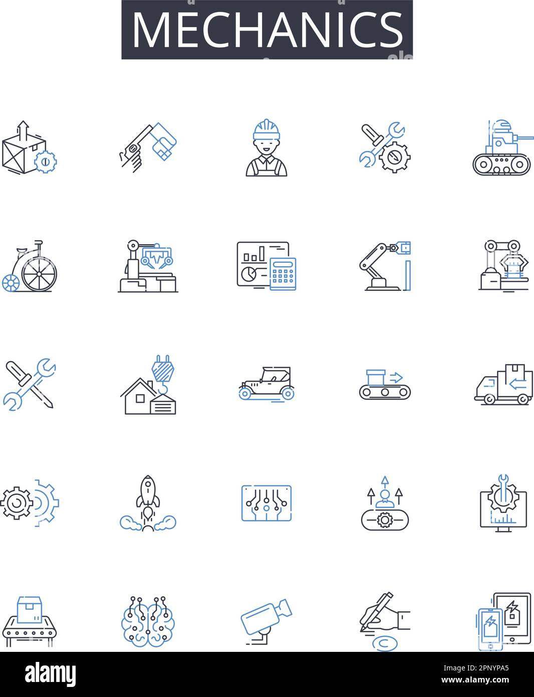 Collection d'icônes de ligne mécanique. Physique, dynamique, cinétique, mouvement, mouvement, Force, vecteur d'énergie et illustration linéaire. Travail, lois de Newton Illustration de Vecteur