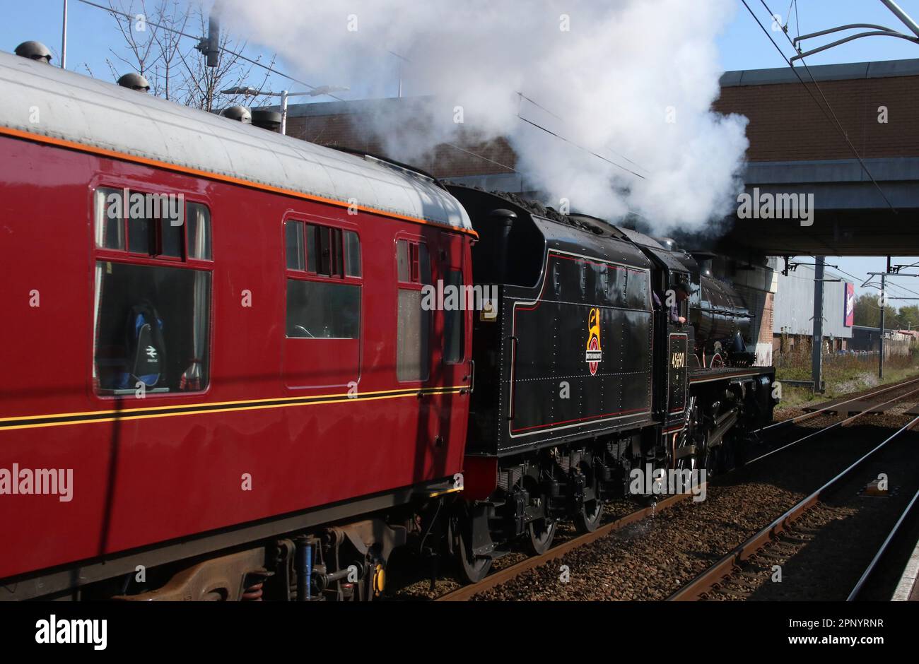 Locomotive à vapeur de classe Jubilee 45690 Leander, station Layton, Blackpool transport jour 7 de la Grande-Bretagne XV train spécial de voyage ferroviaire le 21st avril 2023. Banque D'Images