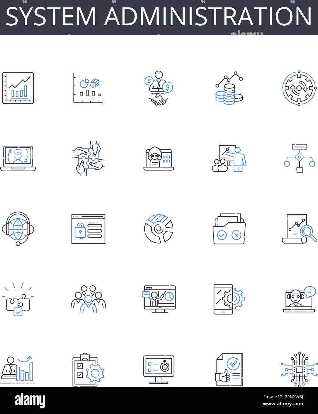 Collection d'icônes de ligne d'administration système. Gestion de Nerk, cybersécurité, support INFORMATIQUE, gestion des utilisateurs, analyse des données, Cloud computing, projet Illustration de Vecteur