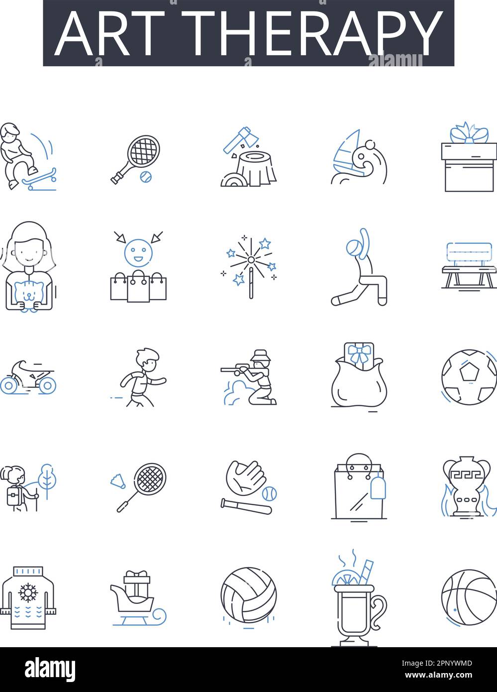 Collection d'icônes de ligne de thérapie art. Musicothérapie, thérapie de jeu, thérapie de théâtre, thérapie de mouvement, thérapie narrative, Gestalt thérapie, Poésie thérapie Illustration de Vecteur