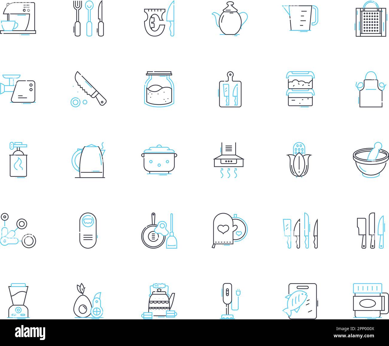 Jeu d'icônes linéaires de galley. Cuisine, cuisine, nourriture, bateaux, bateau, Nautiques, vecteur de ligne de croisière et signes conceptuels. Restaurant, menu, plan de préparation Illustration de Vecteur