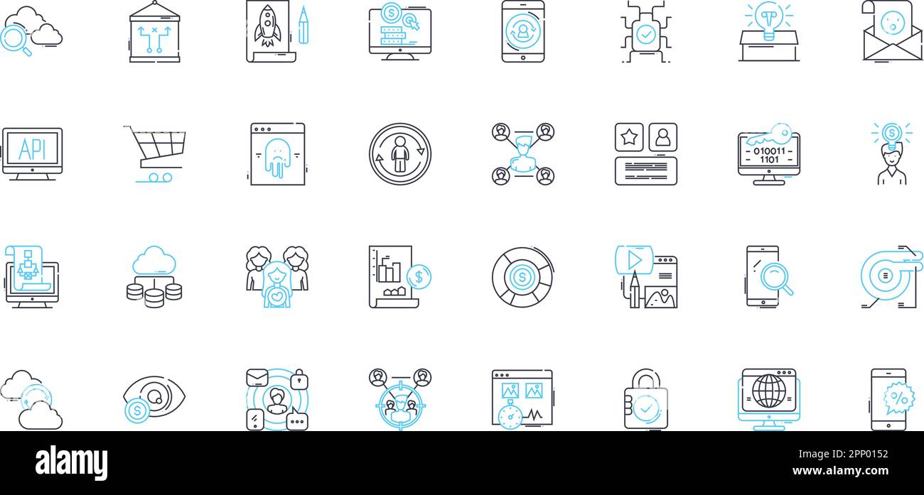 Jeu d'icônes linéaires de publicité sociale. Promotions, campagnes, parrainage, promotion, médias sociaux, Marquage, vecteur de ligne de marketing et signes de concept Illustration de Vecteur