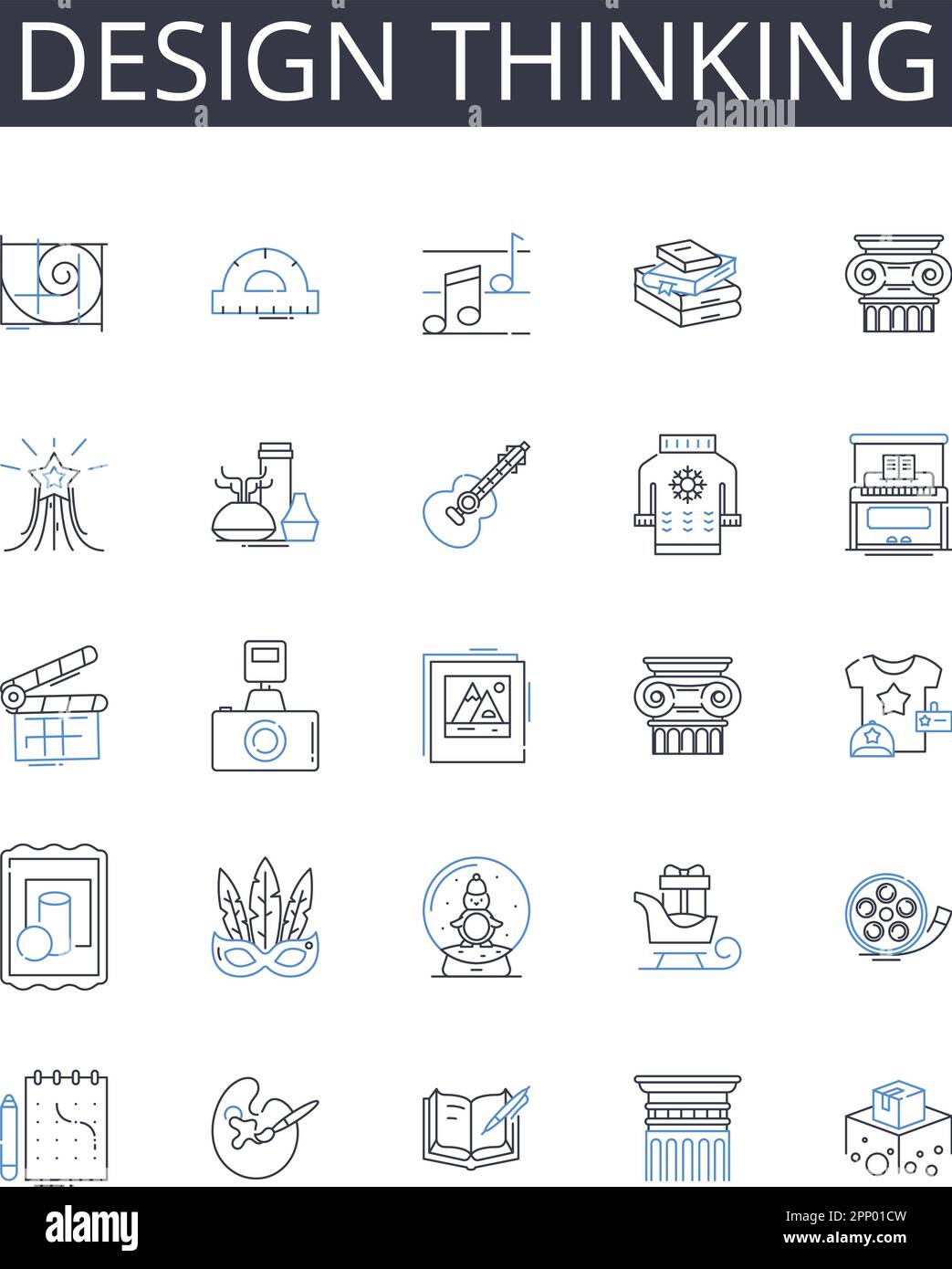 Collection d'icônes de ligne de pensée de conception. Processus créatif, approche stratégique, état d'esprit novateur, résolution de problèmes, technique d'idéation, Centré sur l'utilisateur Illustration de Vecteur