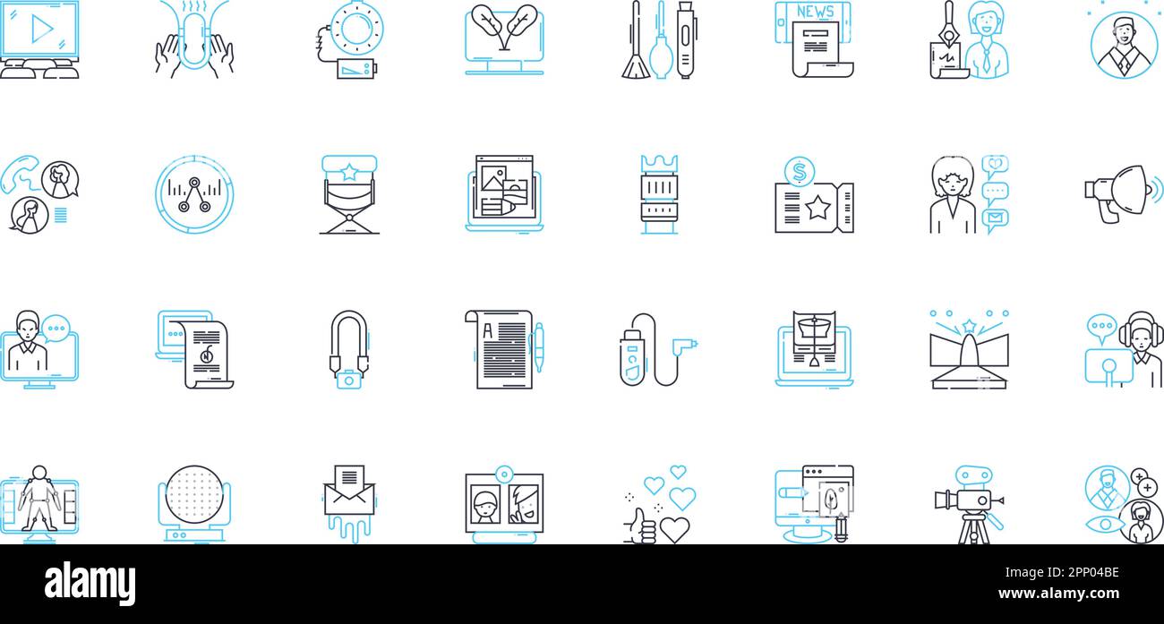 Ensemble d'icônes linéaires d'images animées. Drame, comédie, thriller, action, horreur, Romance, vecteur de ligne de fantaisie et signes de concept. SCI-fi, aventure, animation Illustration de Vecteur