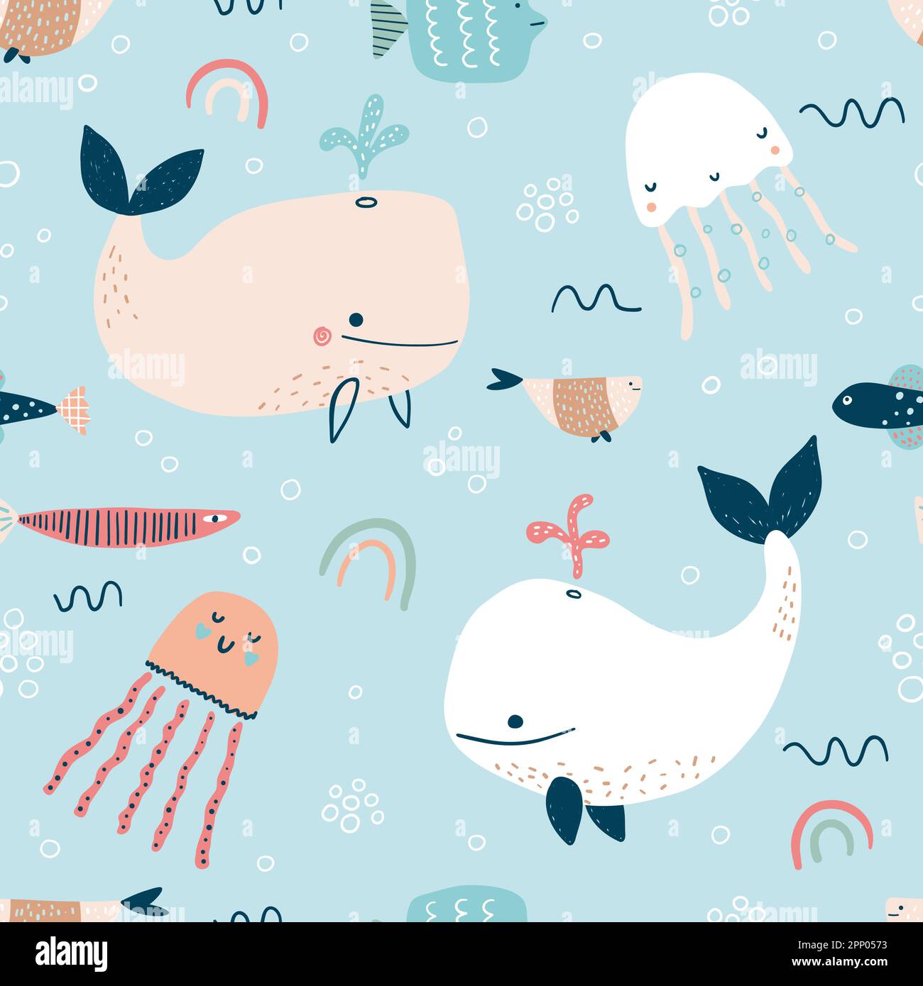 Motif puéril sans coutures avec animaux de la mer et de l'océan. Jolie faune marine sous-marine avec baleines, méduses et autres oiseaux aquatiques sous-marins. Illustration de Vecteur