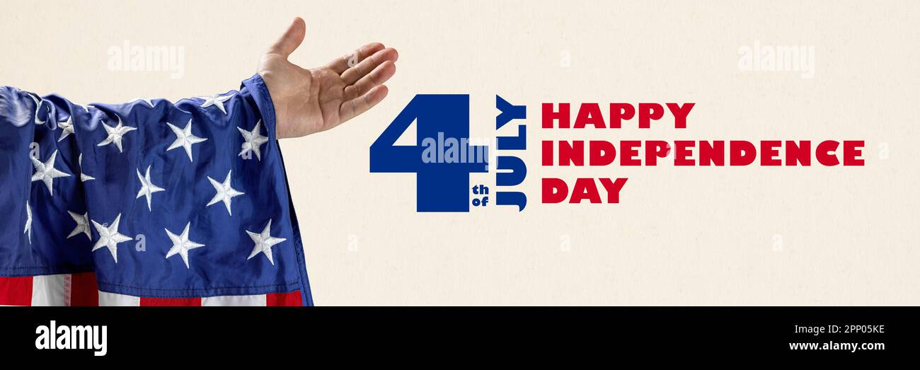 Main masculine avec drapeau américain introduisant le jour de l'indépendance de l'amérique. Collage d'art contemporain. Bannière Banque D'Images