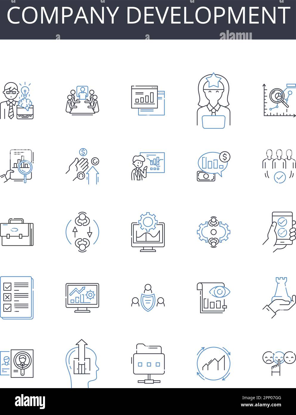 Collection d'icônes de ligne de développement d'entreprise. Croissance de l'entreprise, expansion de l'entreprise, avancement de l'entreprise, évolution de l'entreprise, progrès commercial Illustration de Vecteur