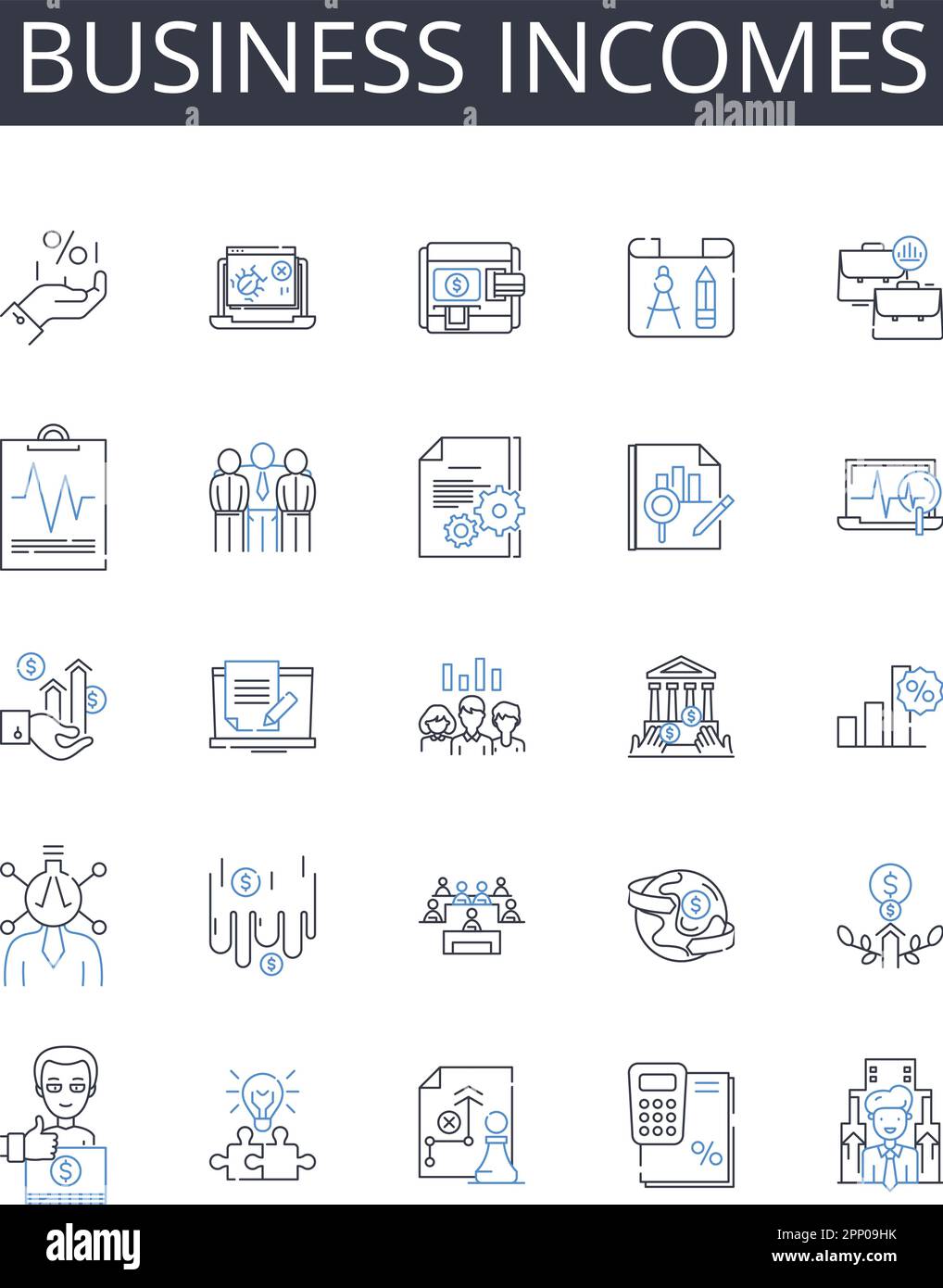 Collection d'icônes de ligne de revenus d'entreprise. Revenus, gains financiers, retours commerciaux, revenus de bénéfices, récompenses de notaire, Produit fiscal, capital Illustration de Vecteur