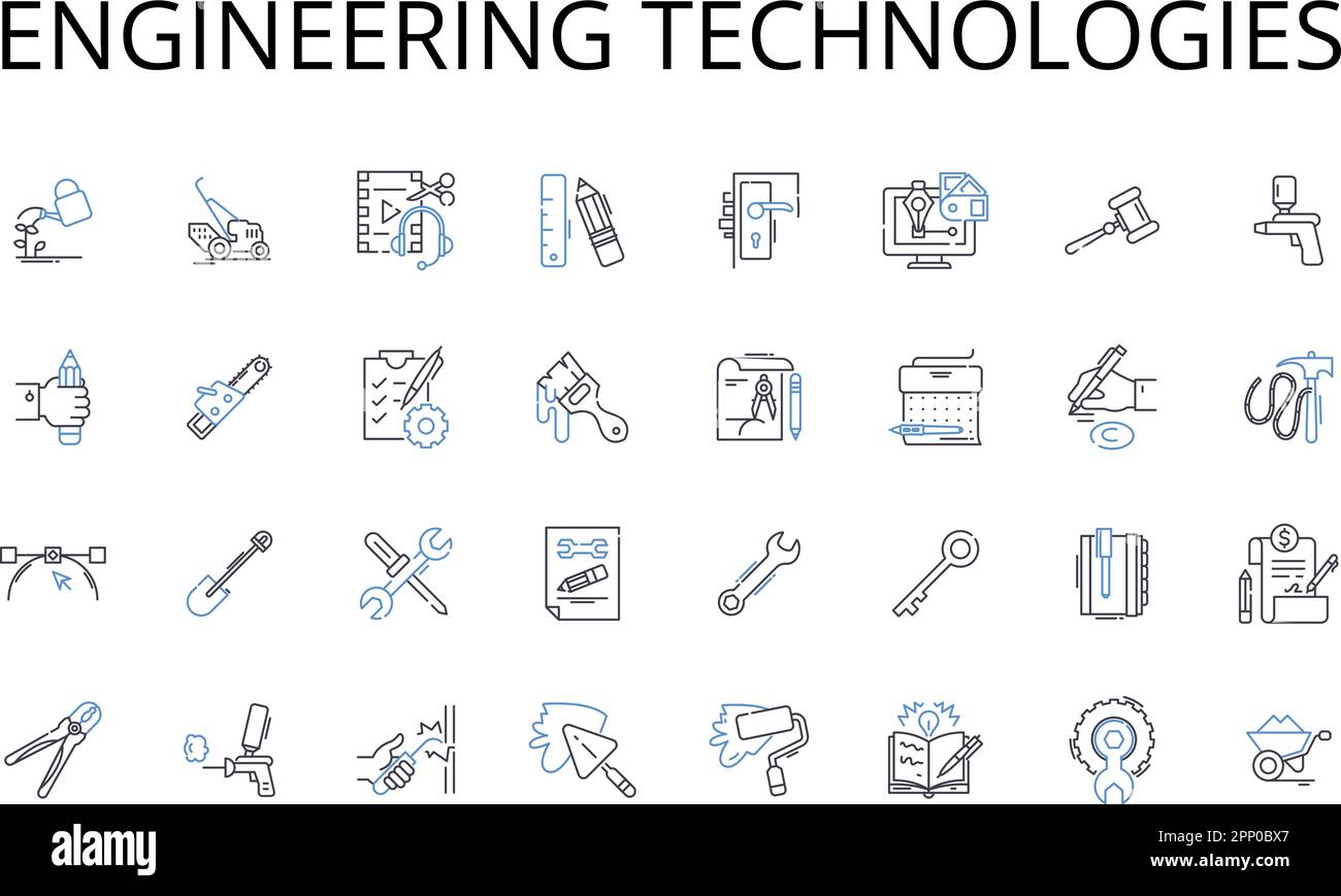 Collection d'icônes de ligne de technologies d'ingénierie. Systèmes informatiques, durabilité de l'environnement, automatisation industrielle, Sciences biologiques, renouvelables Illustration de Vecteur