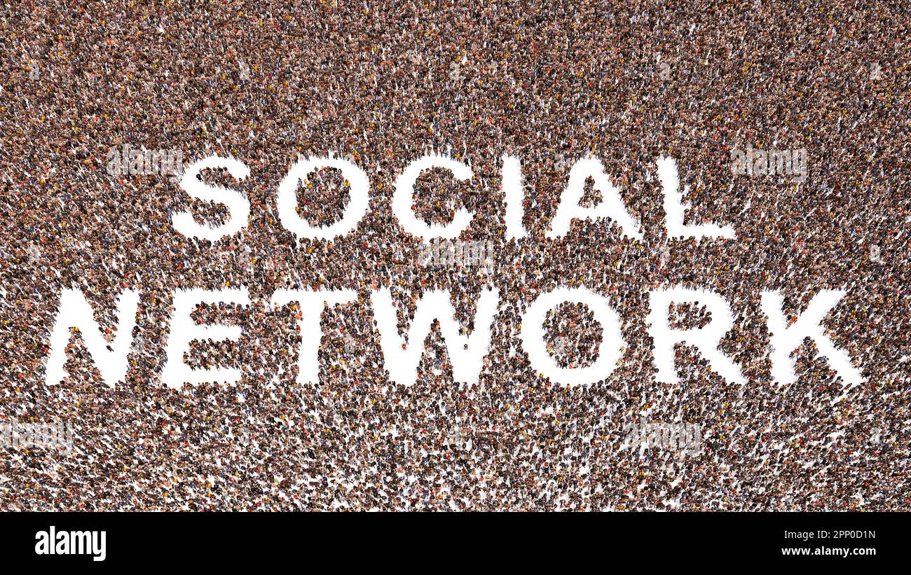 Vaste communauté conceptuelle de personnes formant le message DU RÉSEAU SOCIAL. 3d métaphore d'illustration pour les médias sociaux, en ligne, les affaires, la technologie Banque D'Images