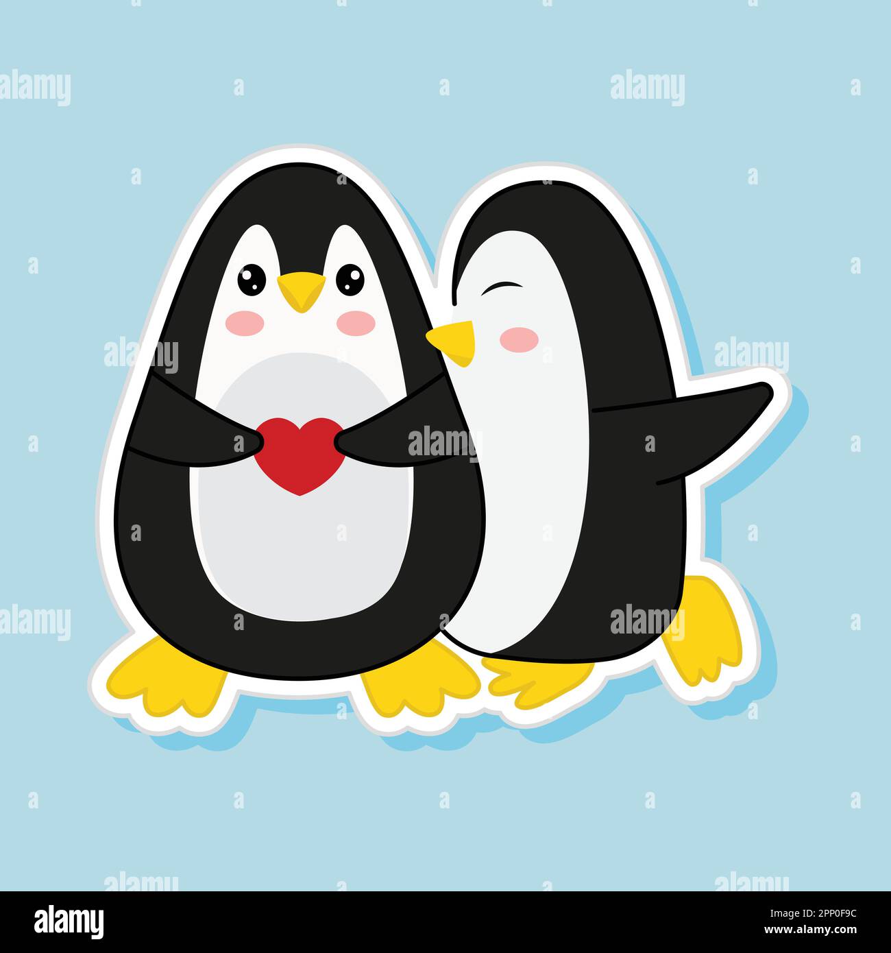 Pingouin embrassant avec un coeur sur fond bleu en style autocollant. Illustration de Vecteur