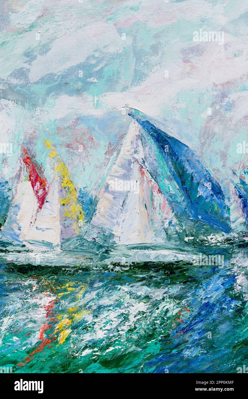 Fragment de peinture à l'huile colorée sur toile représentant des bateaux à  voile au-dessus de l'eau. Œuvres d'art impasto dans un cadre flottant en  bois. Art impressionnisme Photo Stock - Alamy