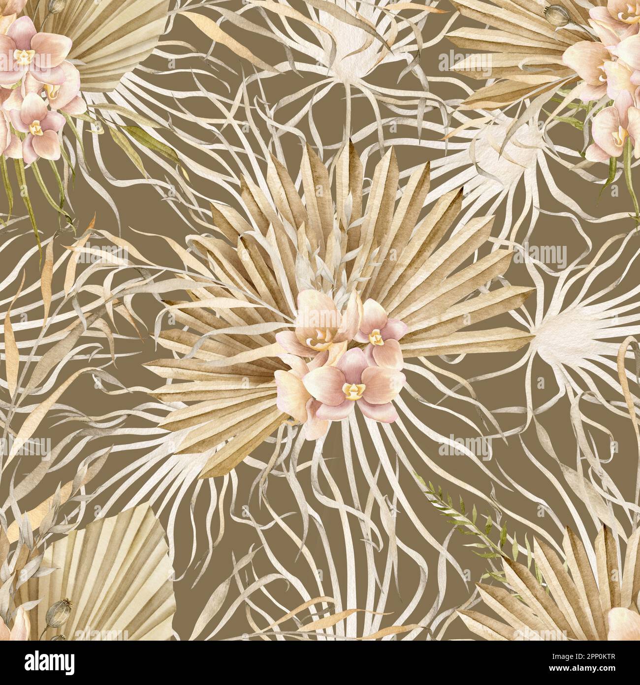 Motif fleuri sans couture avec feuilles de palmier séchées dorées et fleurs d'orchidées roses sur fond brun foncé de style boho. Illustration de l'aquarelle dessinée à la main pour le dessin textile ou le papier d'emballage tropical. Banque D'Images